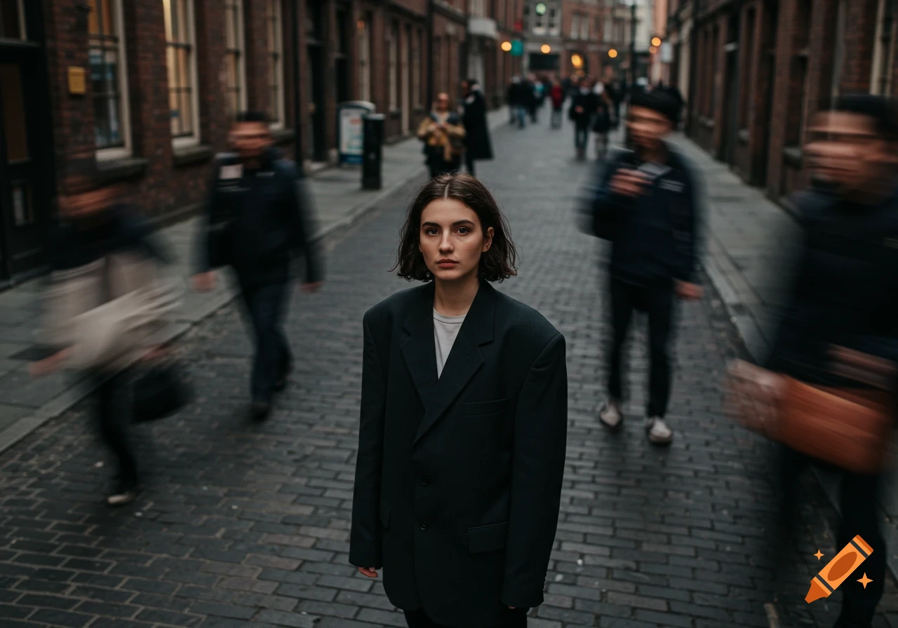Woman in oversized blazer on cobblestone street with motion-blurred crowd