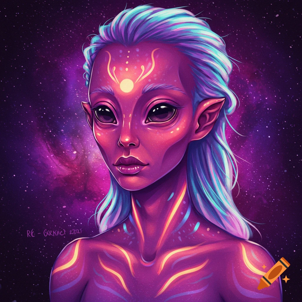 Stylized portrait of a purple alien with light blue hair and glowing markings against a galaxy background.