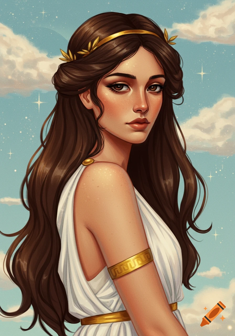 Illustration of a woman in Greek attire with long brown hair, golden headband, and arm cuff, against a starry sky.