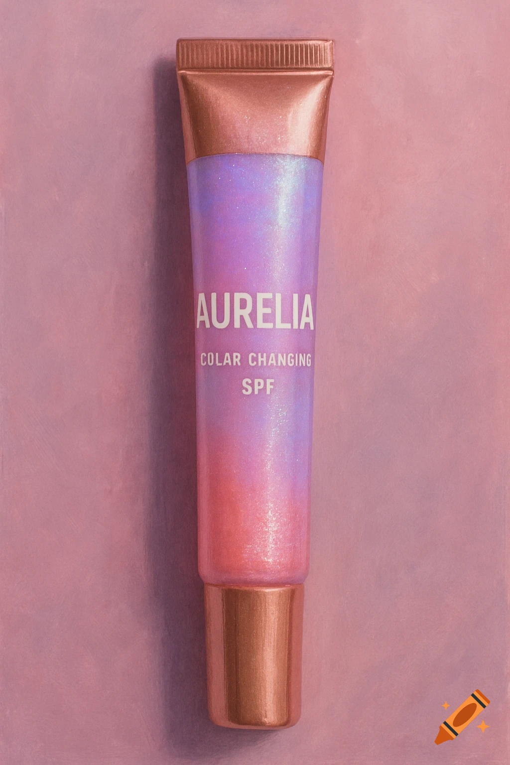 Pink and purple cosmetic tube with gold ends and text on a pink background.