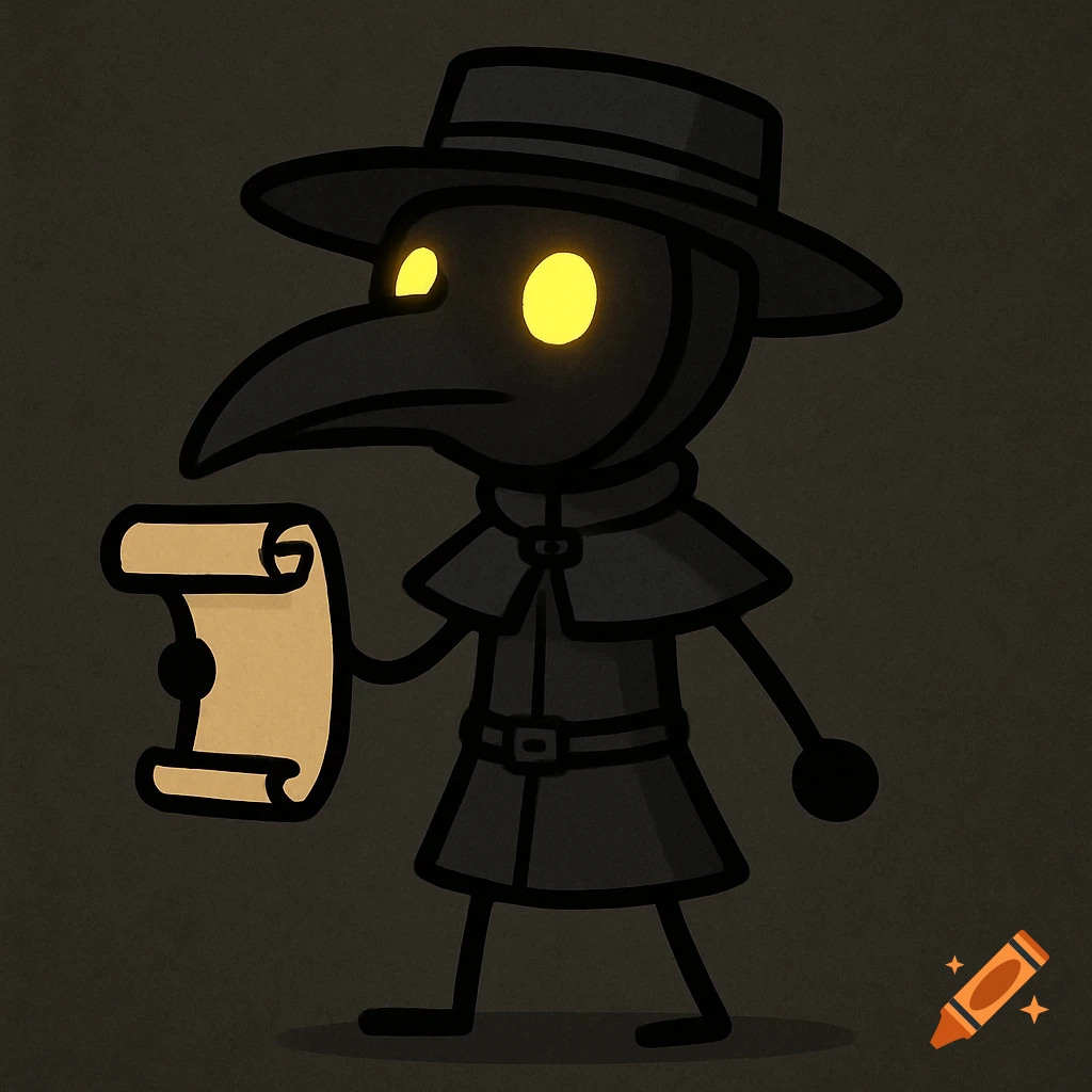 A cartoon stick figure plague doctor with glowing eyes holds a scroll.
