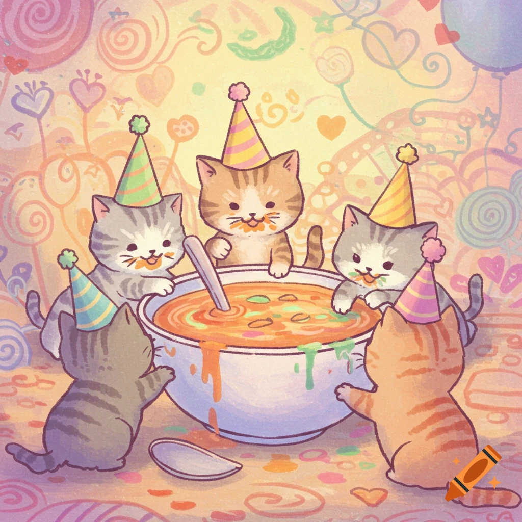 Doodle style illustration of small cats wearing party hats eating from a large bowl of soup.