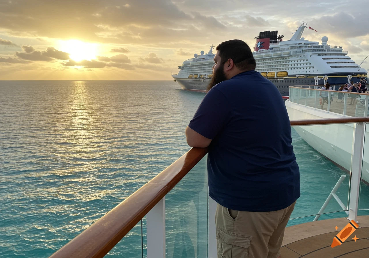 Man on a cruise ship deck watching a sunset over the ocean with another ship in the distance.