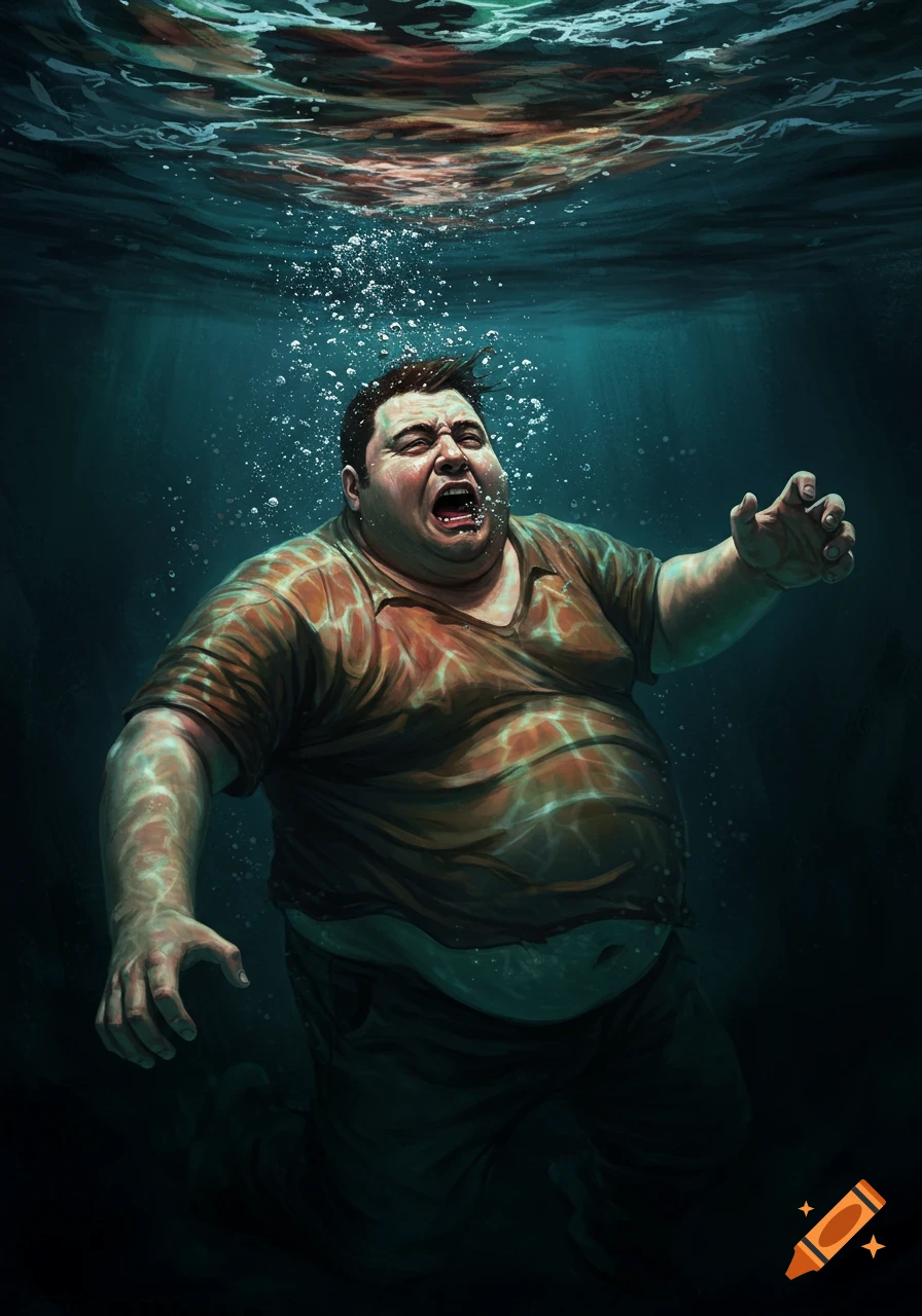 Digital painting of a man struggling underwater with bubbles