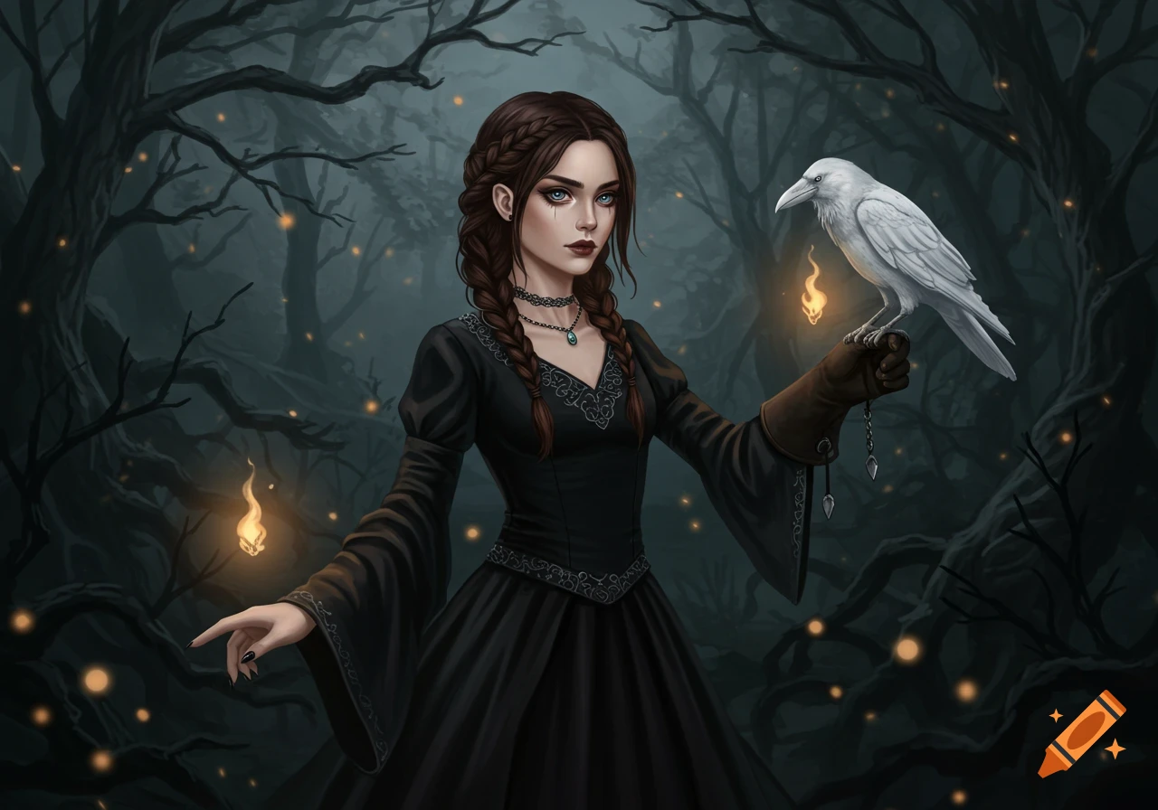 A witch in a black dress holds a white raven in a dark fantasy forest.