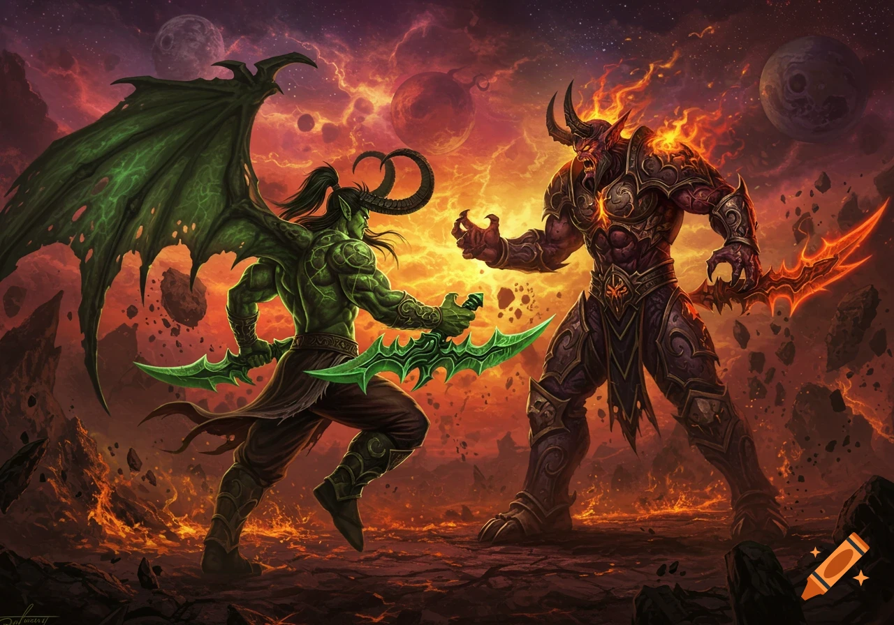 Two fantasy characters, green winged Illidan and fiery Sargeras, battle in a demonic landscape.