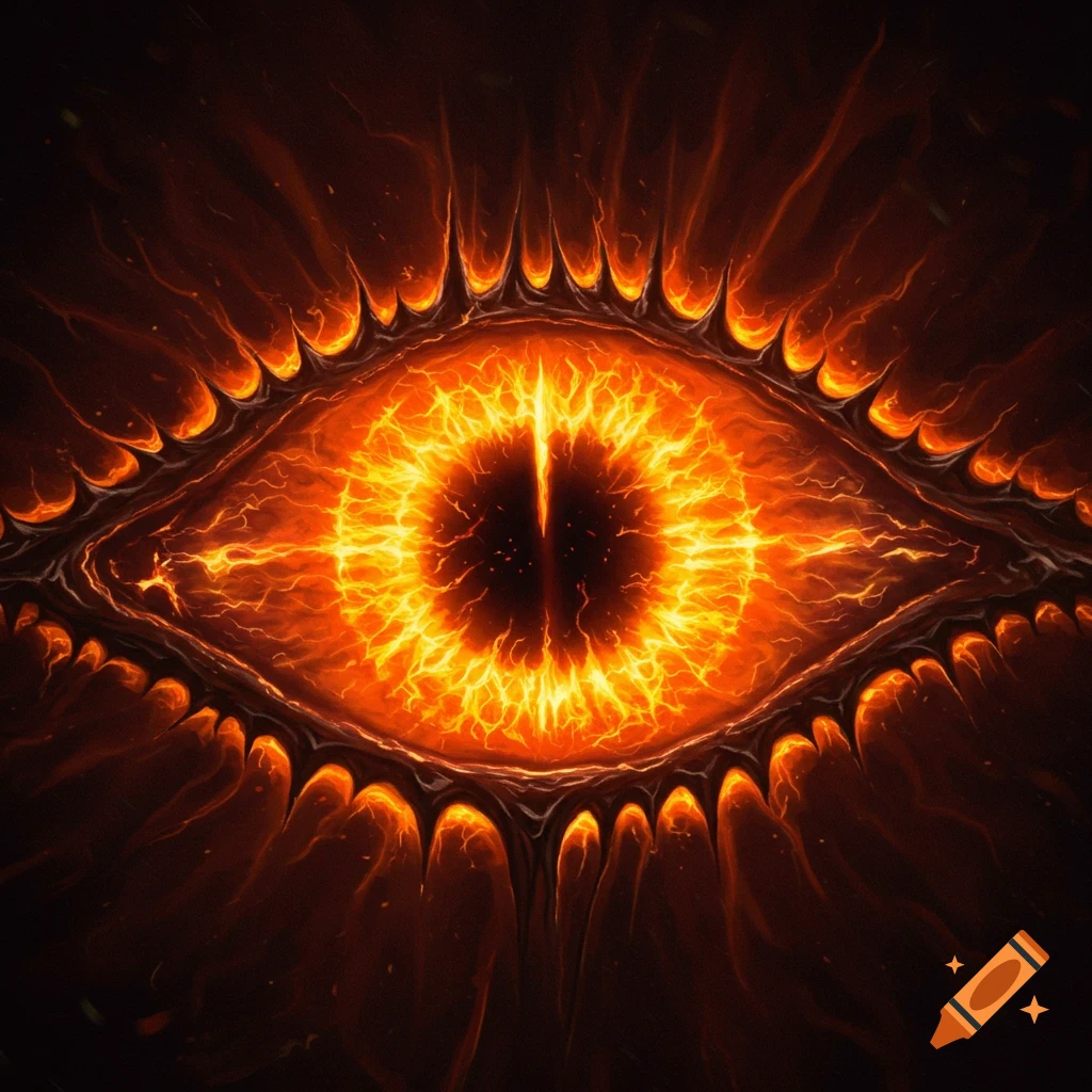A large, fiery eye with a vertical pupil, in a dark fantasy style.