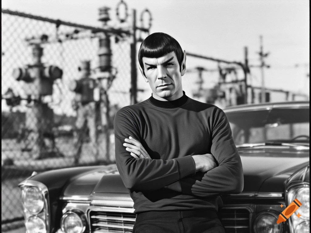 Black and white vintage photo of Spock leaning on a 1963 Buick Riviera.