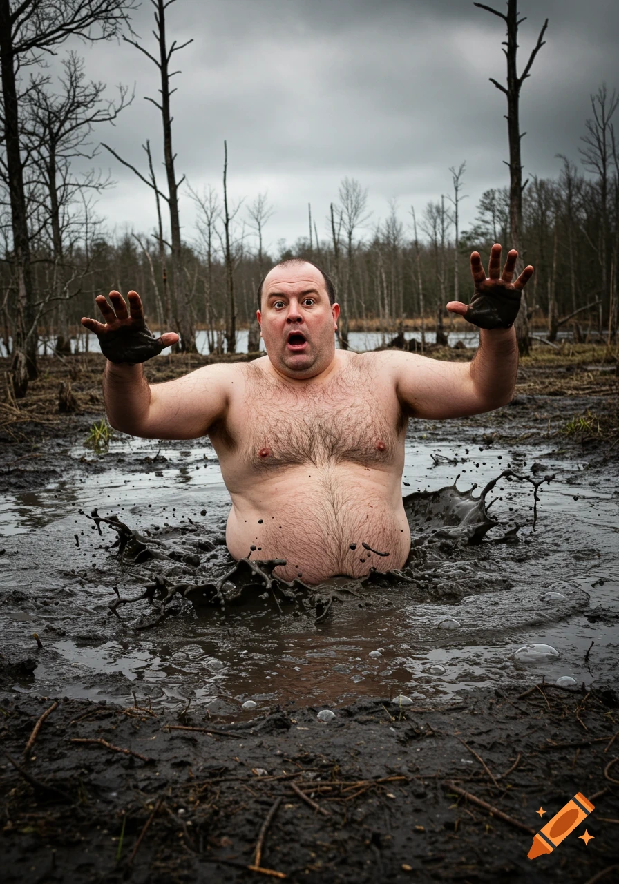 A shirtless man chest-deep in muddy swamp water, looking surprised with hands raised.