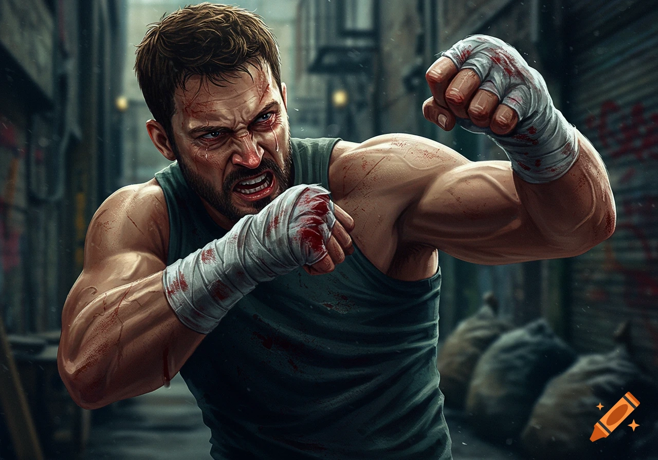 Gritty illustration of an injured fighter with bloodied hand wraps in an alley.