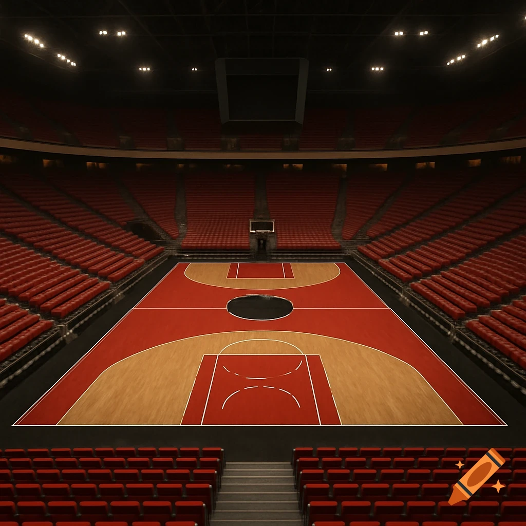 Empty basketball arena with red seats and a red and brown court.