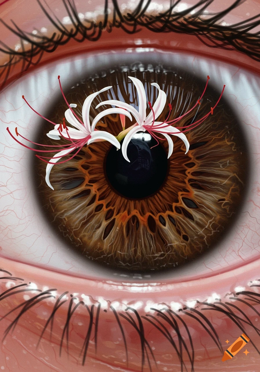 Close-up of a human eye with a spider lily replacing the pupil, realistic illustration.