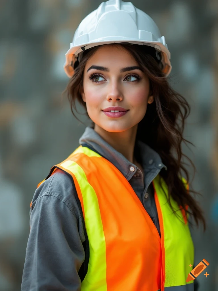 A woman wearing a white hard hat and orange safety vest looks to the side.
