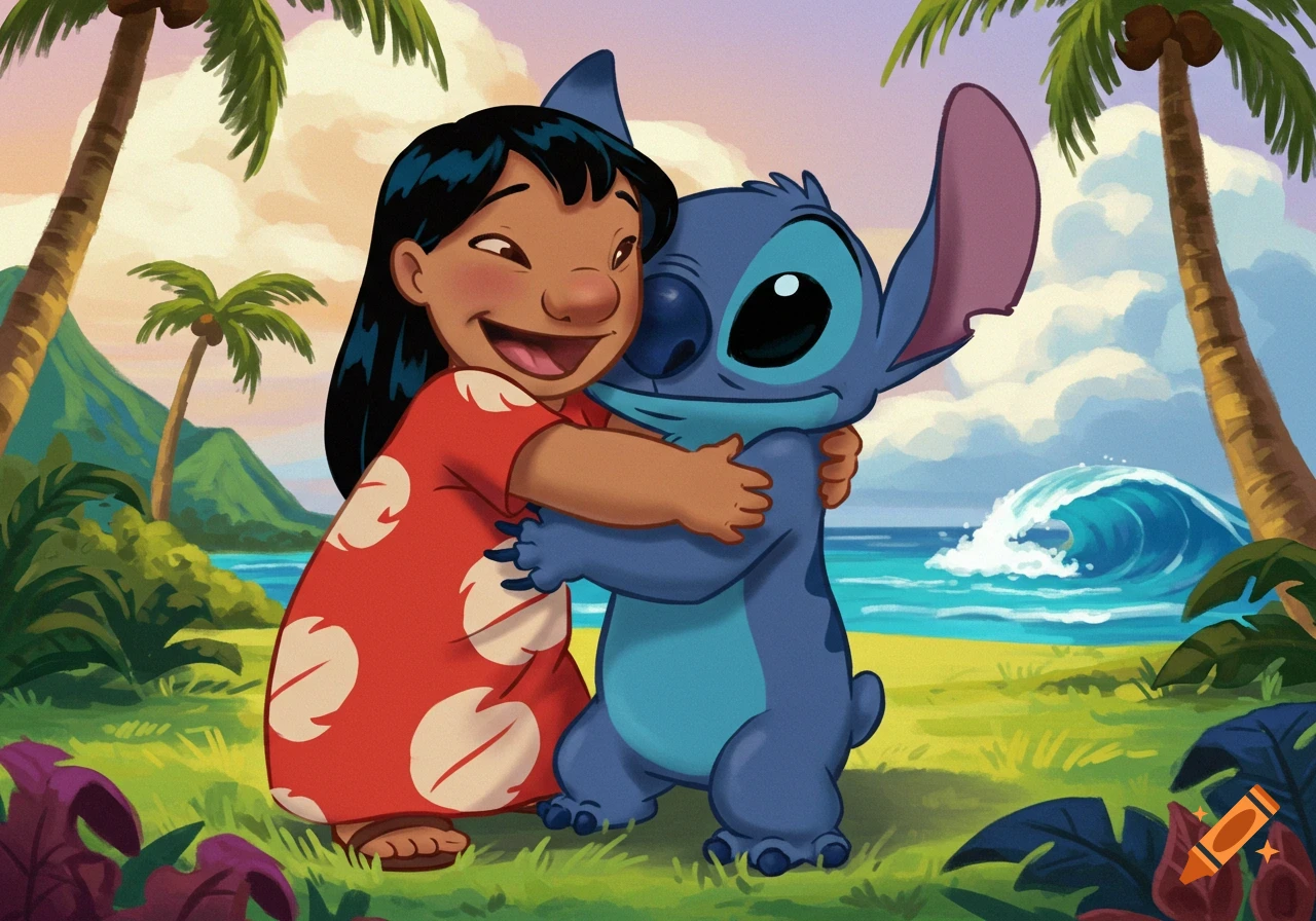 Lilo hugs Stitch on a tropical beach