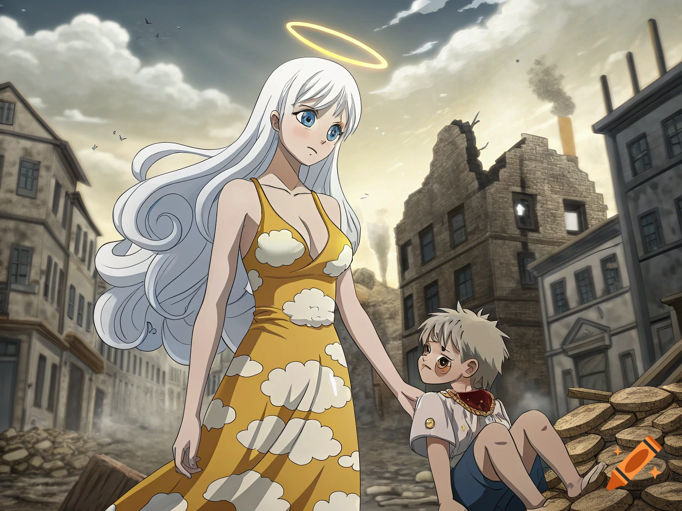 An anime woman with a halo and white hair in a yellow dress tends to a child in a ruined town.