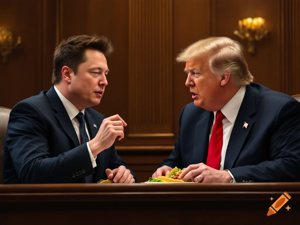 Elon Musk and Donald Trump sit at a table in a courtroom eating tacos. Photorealistic style.