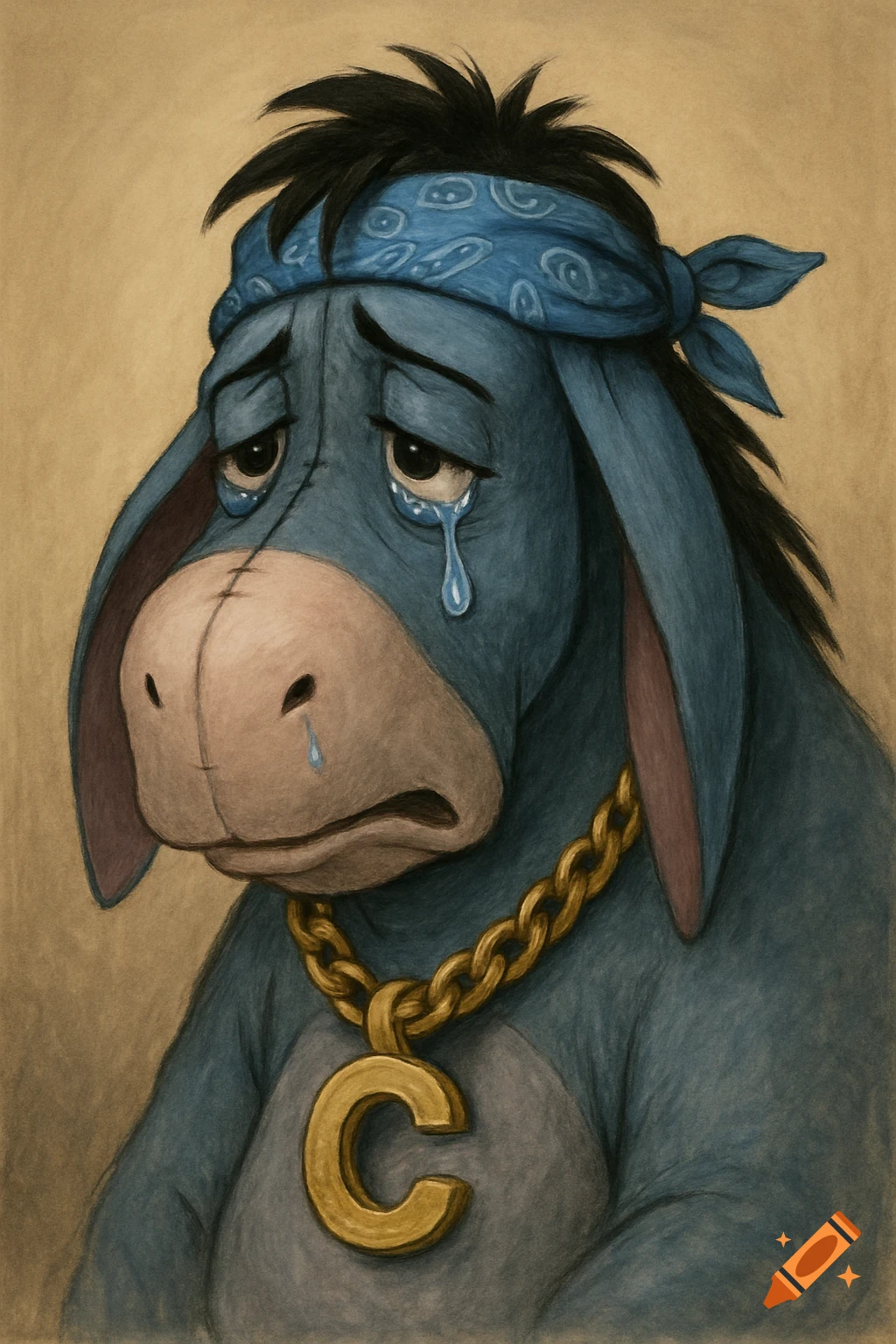 Drawing of a crying Eeyore wearing a blue bandana and gold chain with a C pendant.