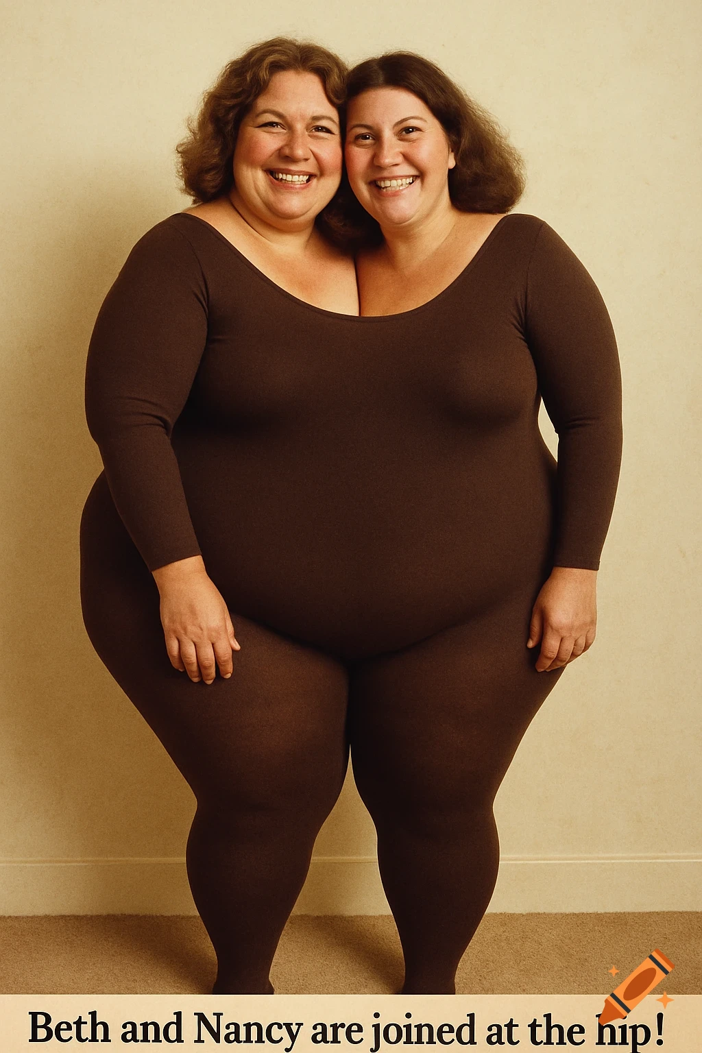 Two women in a brown one-piece garment stand fused together, with text 'Beth and Nancy are joined at the hip!' below.
