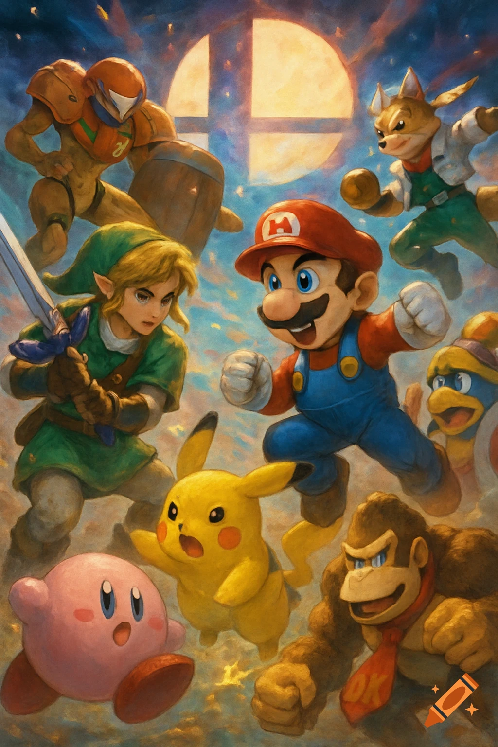 Super Smash Bros characters like Mario, Link, Samus, Pikachu, Donkey Kong, Kirby, and Fox fighting in a dynamic scene with the Smash logo.