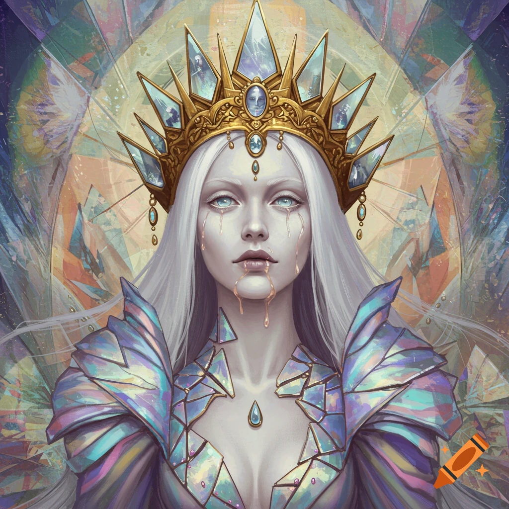 A fantasy portrait of an ethereal queen with white hair, wearing a large crystal crown and shimmering armor, against a geometric background.