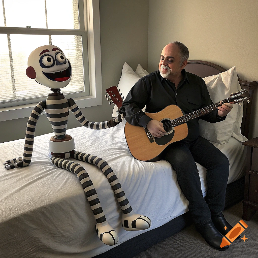 Man plays guitar next to striped puppet on bed