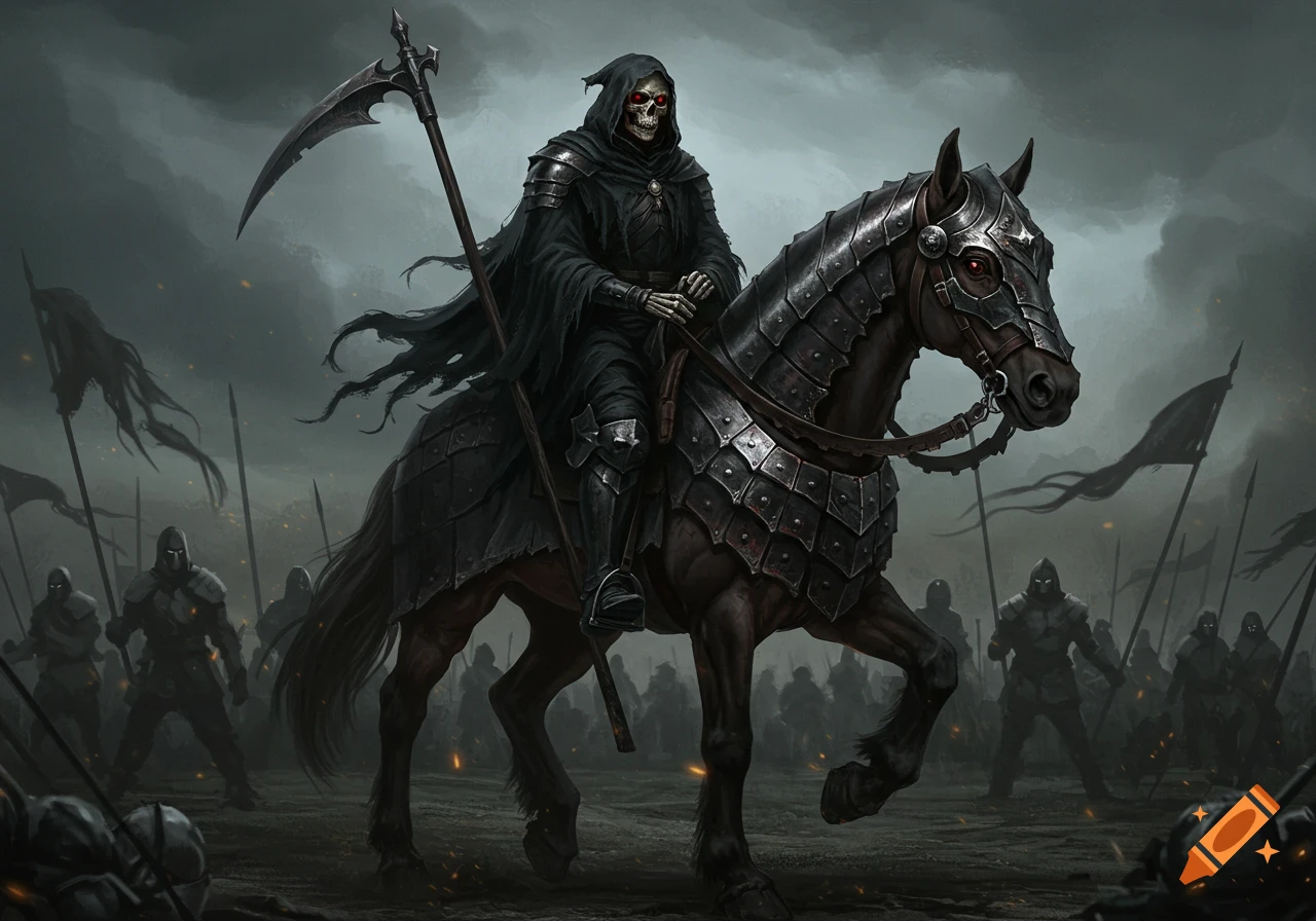 Grim Reaper on an armored war horse leading an army in a dark, cloudy landscape.