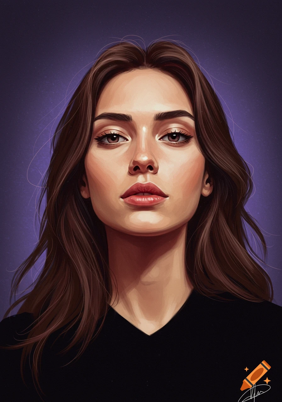 Digital portrait of a young woman with long brown hair against a purple ...