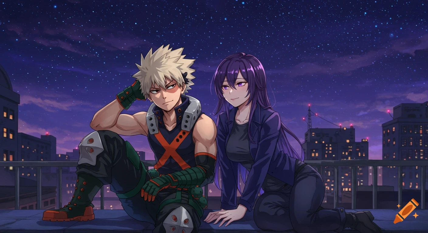 Anime illustration of Katsuki Bakugo and a girl sitting on a rooftop at night.