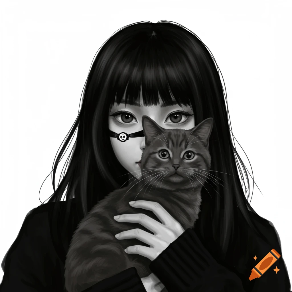 Black and white sketch of a girl with bangs holding a cat that covers part of her face.