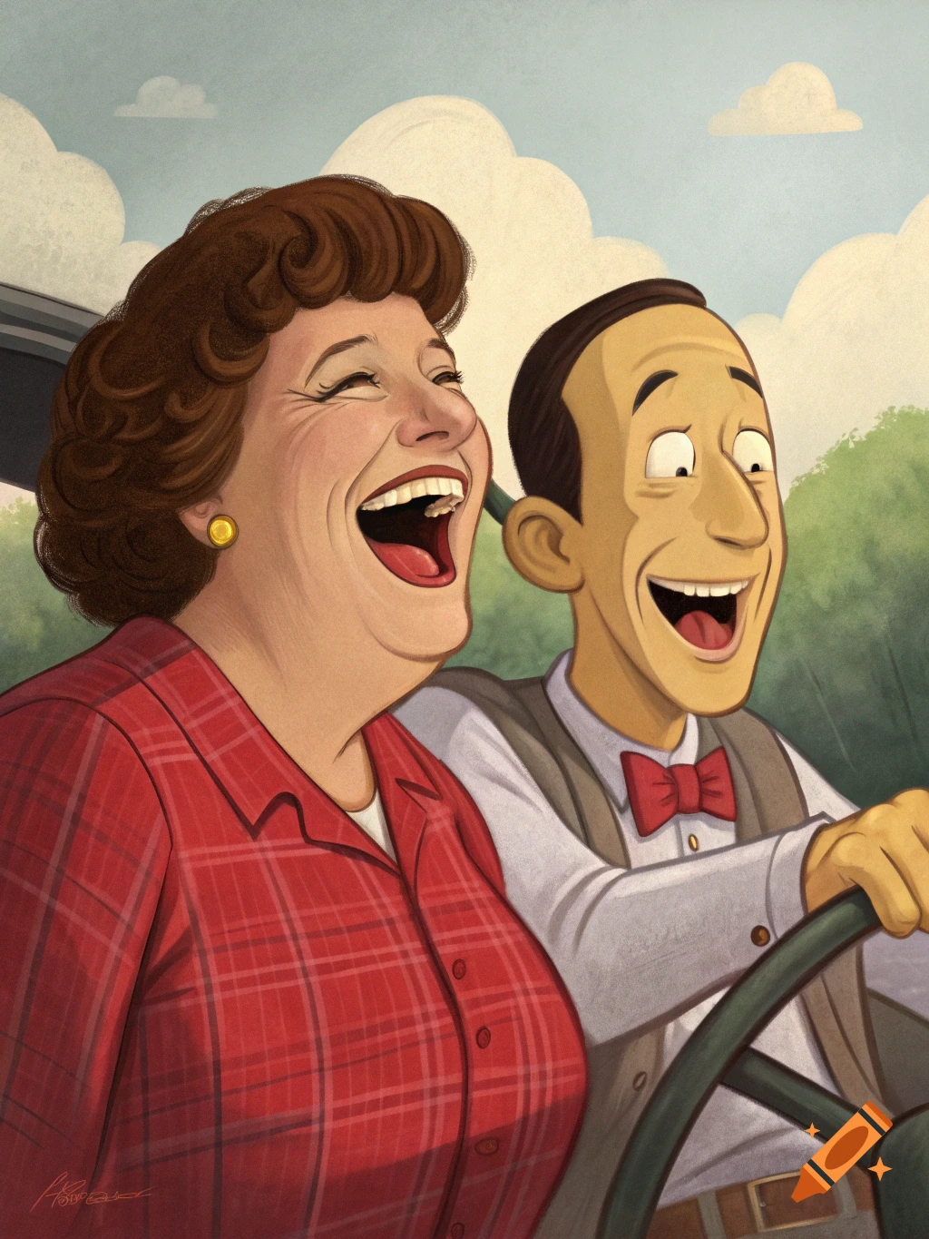 Cartoon illustration of a man and woman resembling Pee Wee Herman and Large Marge laughing while driving.