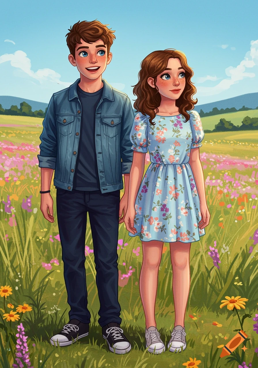 An illustration of a boy and a girl standing in a field of wildflowers under a blue sky.