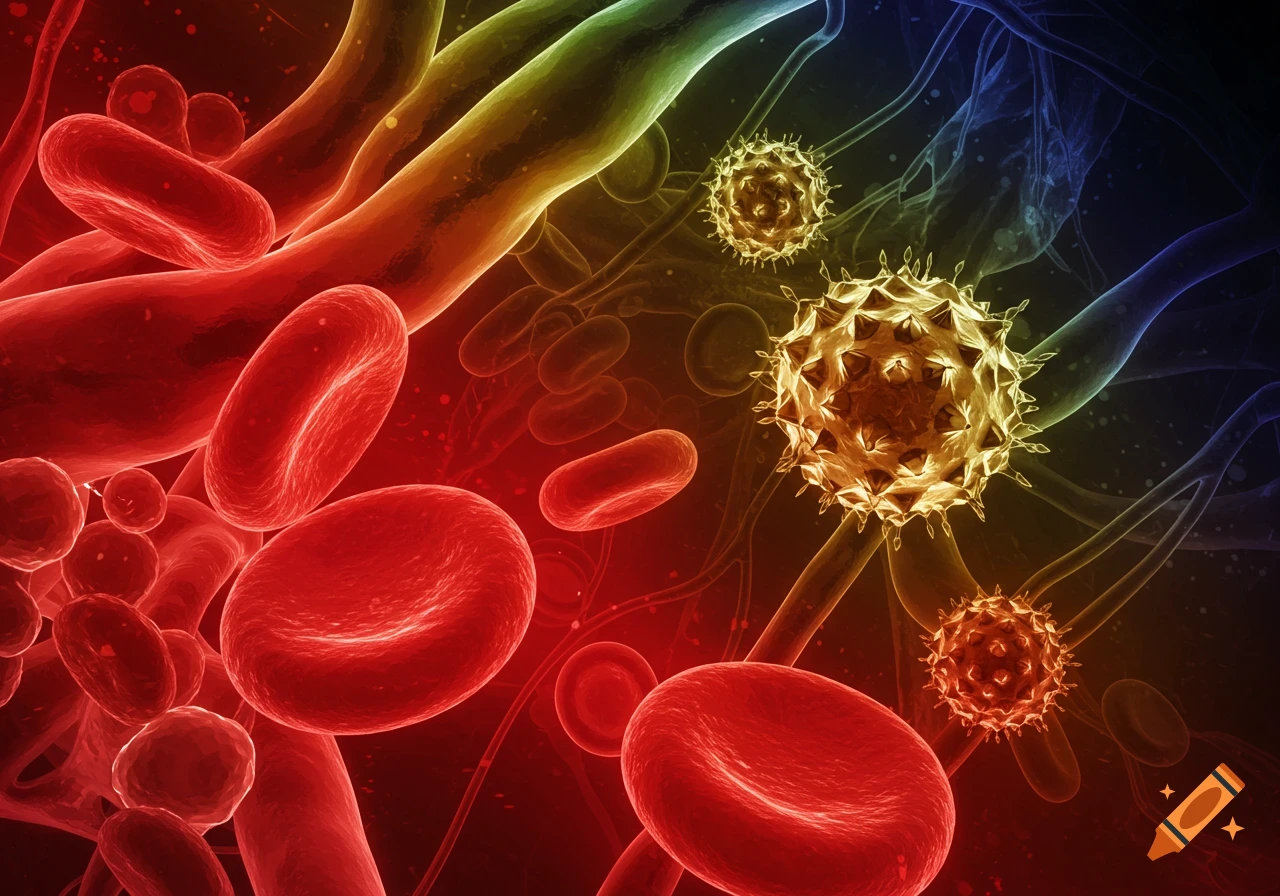 Microscopic view of red blood cells, thrombocytes, and virus-like particles in a futuristic style
