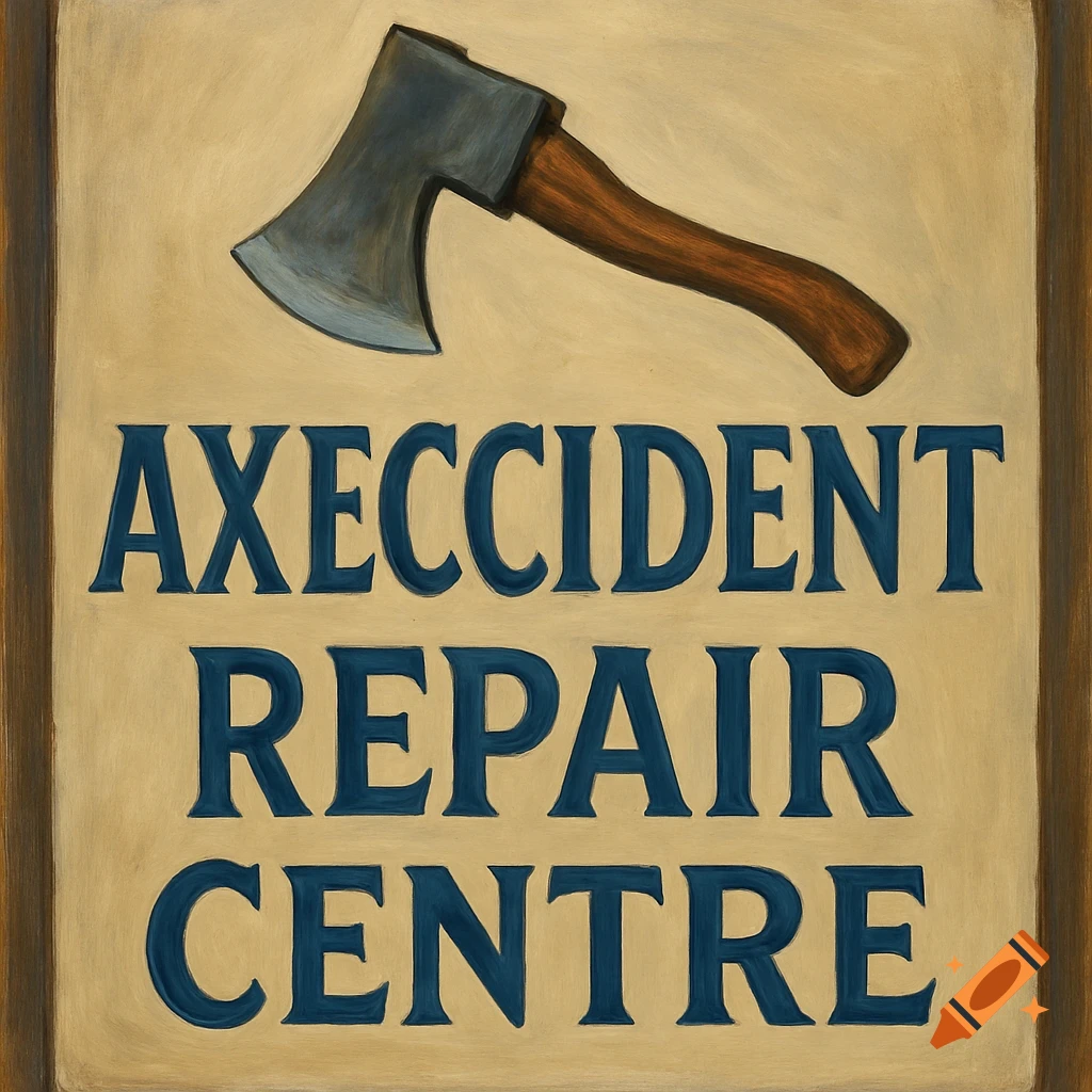 A painted sign featuring an axe above the words 'AXECCIDENT REPAIR CENTRE'.