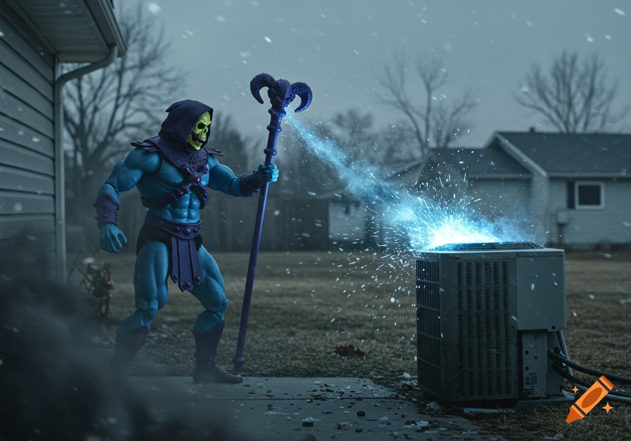 Skeletor uses his staff to blast an air conditioning unit, causing blue energy sparks and a blizzard.