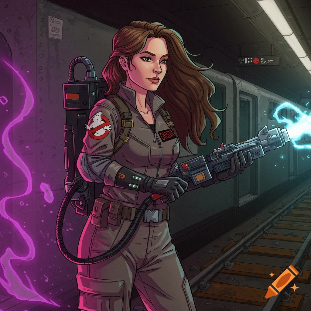 Woman in Ghostbusters uniform holding proton pack in a subway station, comic art style.