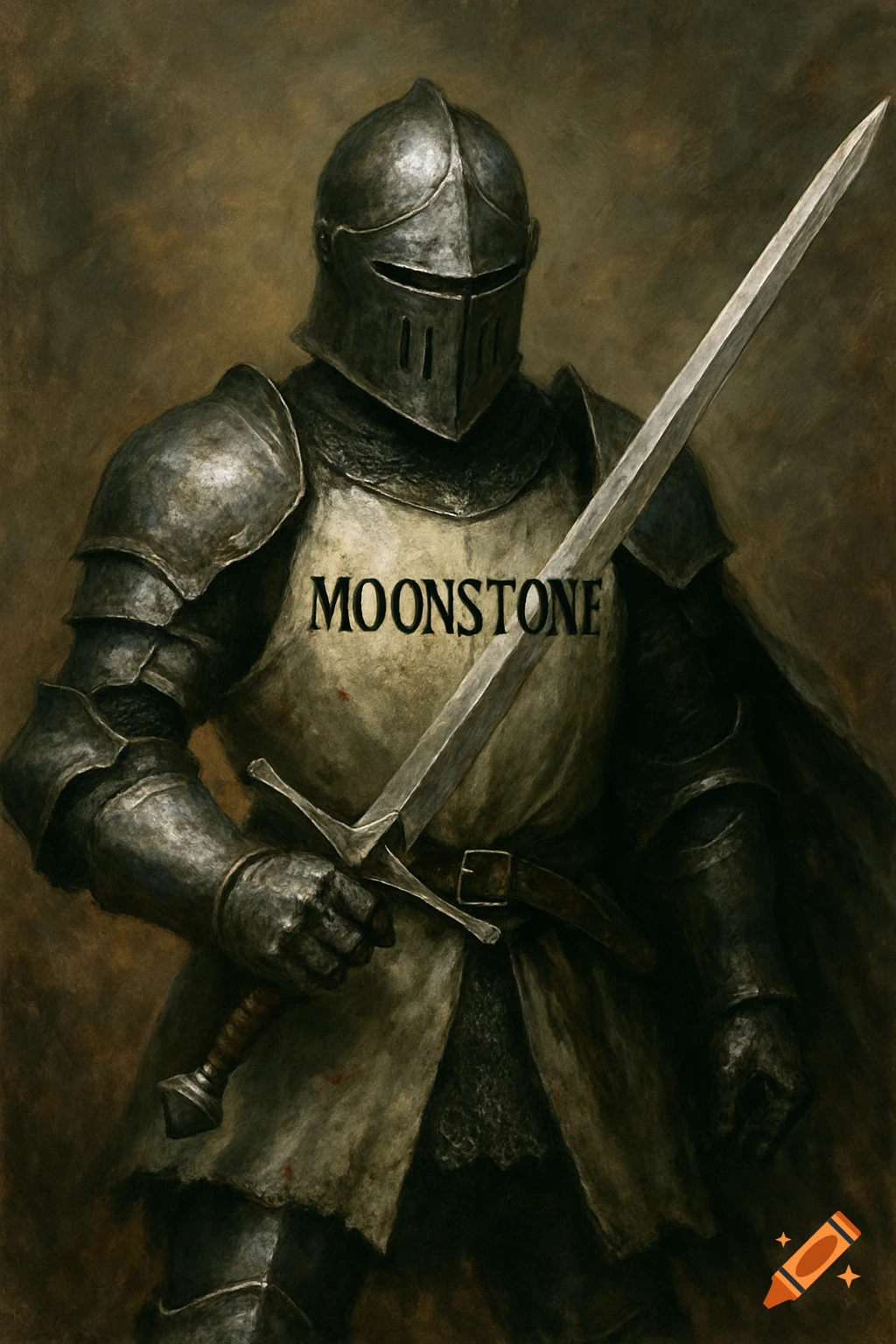 Painting of a knight in armor holding a sword with the word MOONSTONE on his chest.