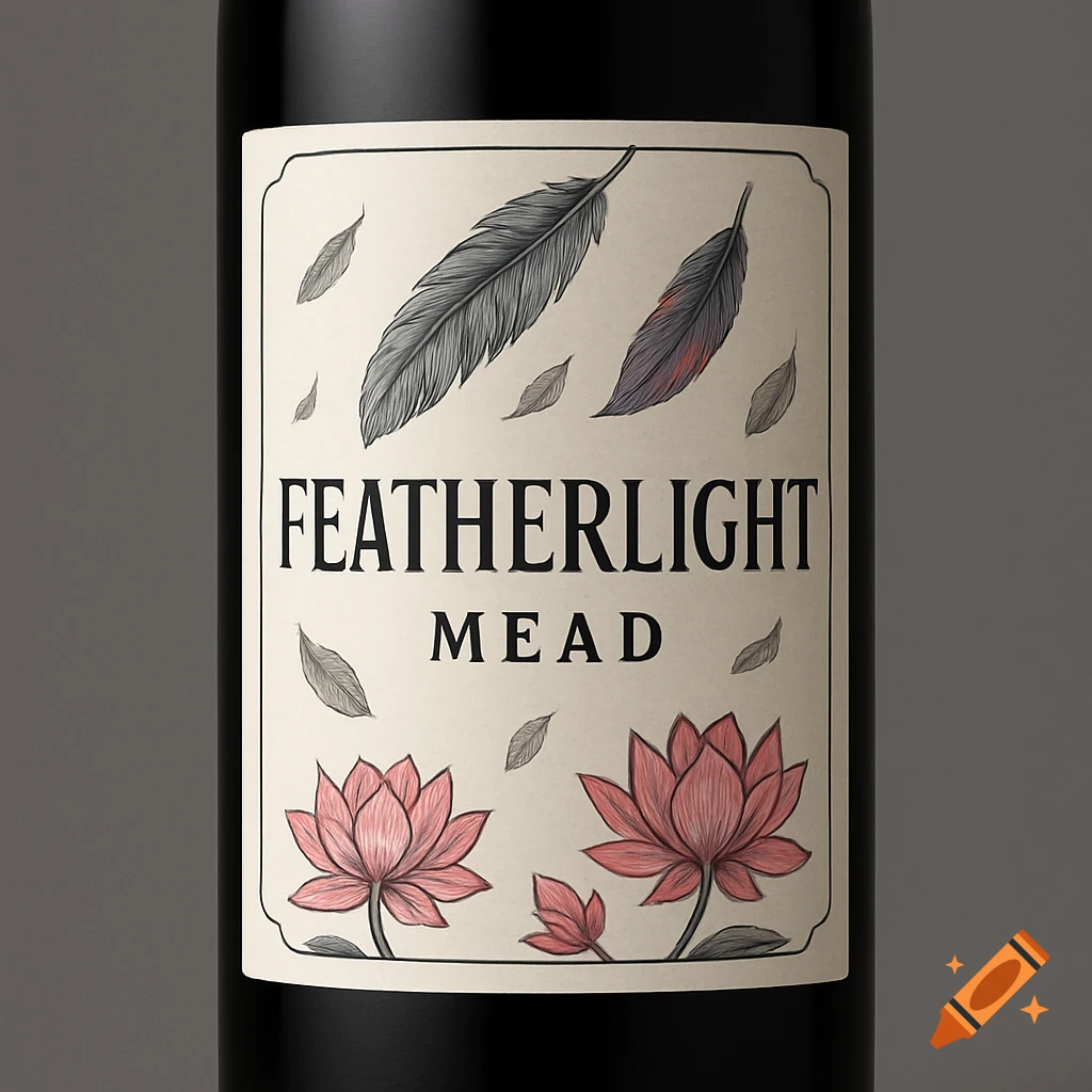 Bottle label with 'Featherlight Mead' text, feathers, and lotus flowers.