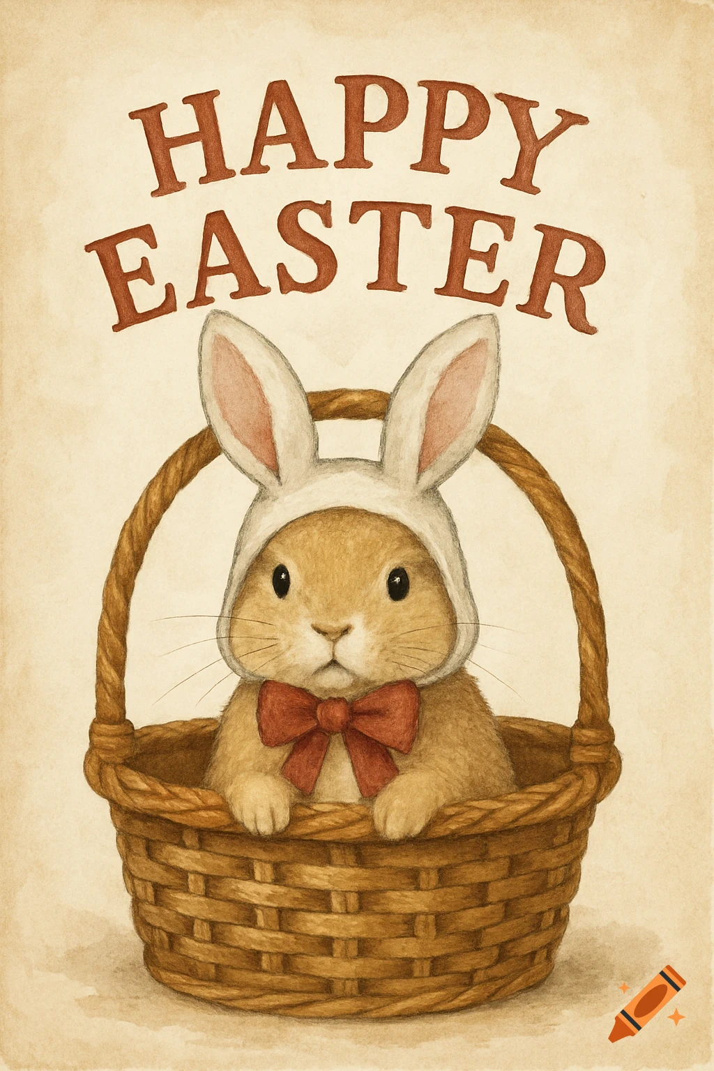 Illustration of a bunny wearing bunny ears and a bow tie in a basket with 'HAPPY EASTER' text above it.
