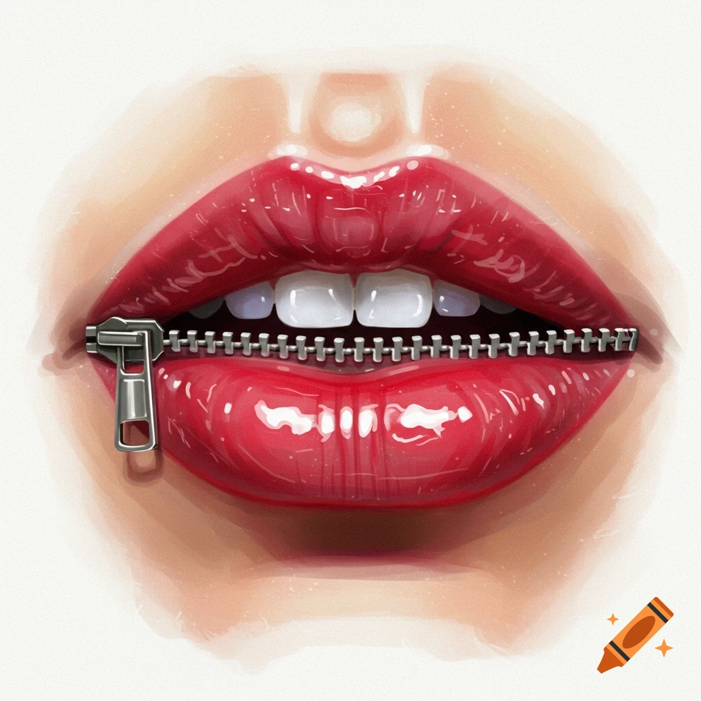 Close-up digital painting of glossy red lips zipped shut horizontally
