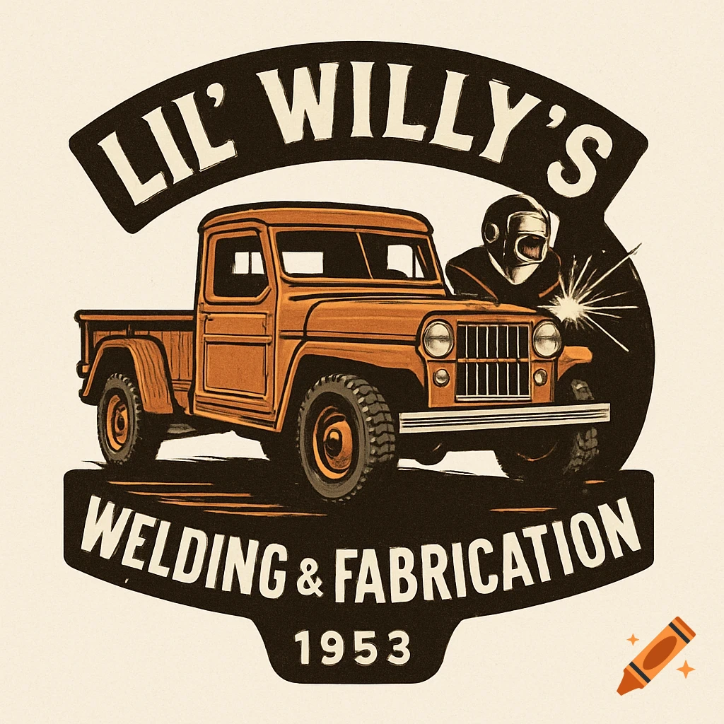 Retro logo for Lil' Willy's Welding & Fabrication featuring a vintage orange pickup truck and a welder.