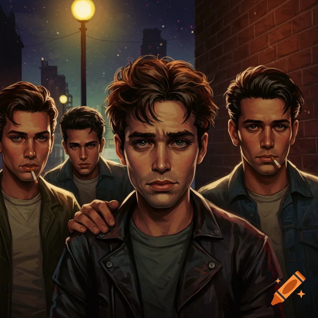 Group of young men, some smoking, standing in a dimly lit alley at night in an illustration.