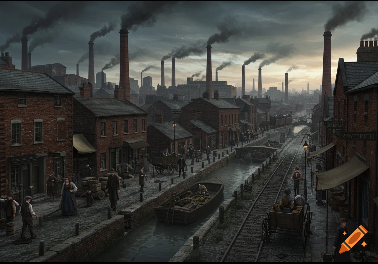 Industrial revolution town scene with factories, smokestacks, buildings, a canal, people, and train tracks under a cloudy sky.