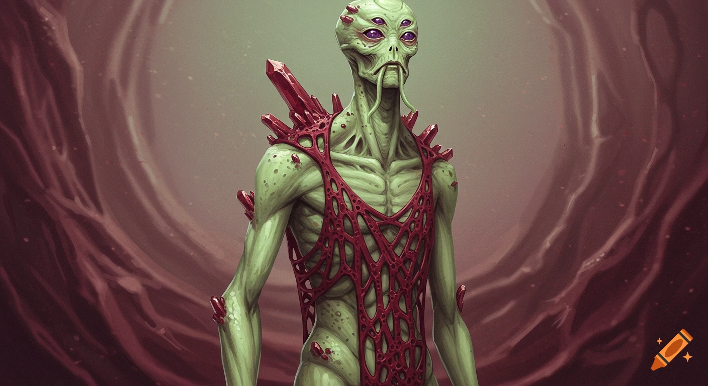 A green alien creature with multiple eyes and red crystals stands against a blurry background. Digital painting.