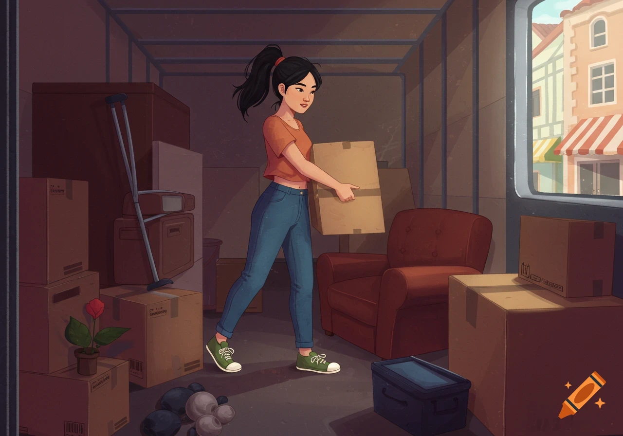 Illustration of a woman carrying a box inside a moving truck filled with furniture and boxes.