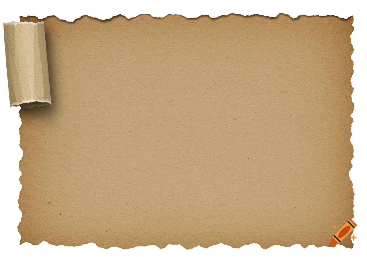 Brown textured paper background with torn edges and curled top left corner