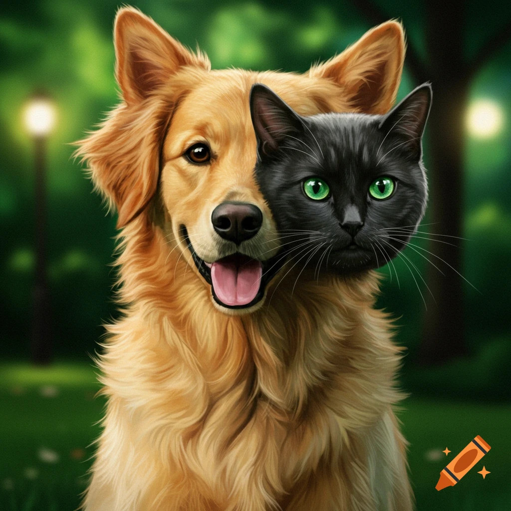 Close-up portrait of a creature that is half golden retriever dog and half black cat, sitting in a park.