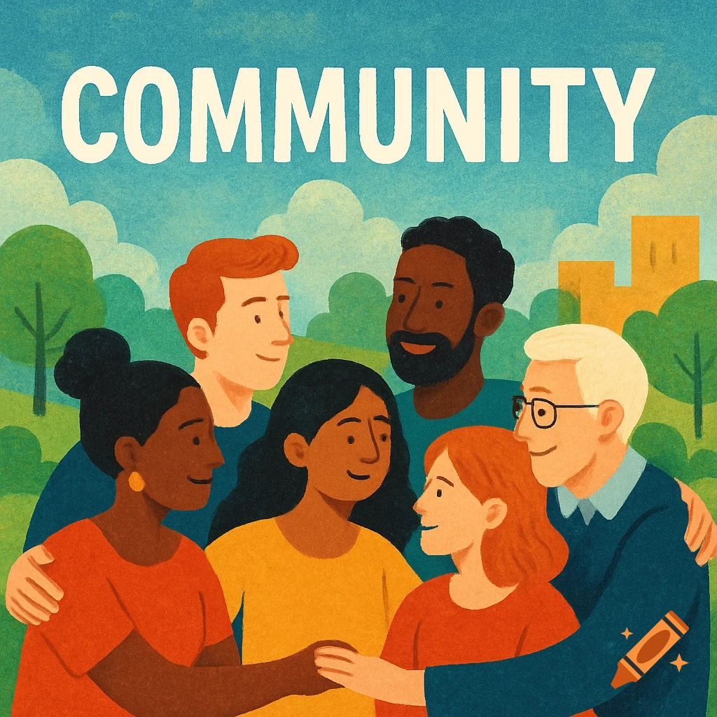 An illustration of a diverse group of people hugging and smiling in a park, with the word COMMUNITY above them.