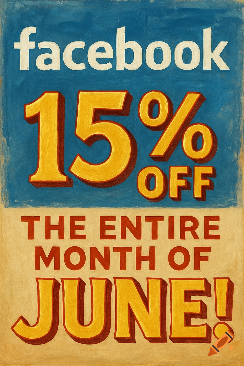 Painted poster advertising 15% off Facebook for the month of June with bold text.
