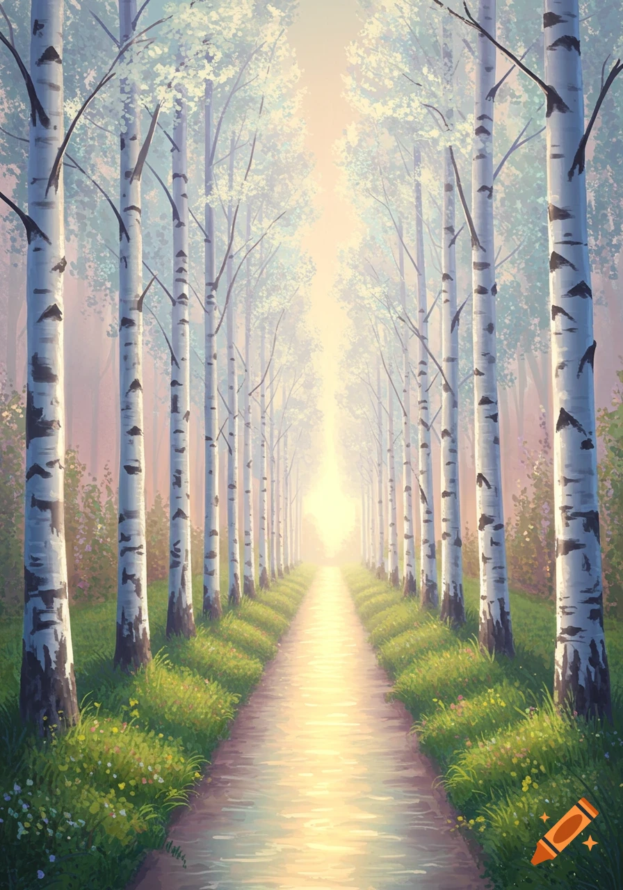 A sunlit path leads through a dreamy forest of tall white birch or poplar trees. Painterly style.