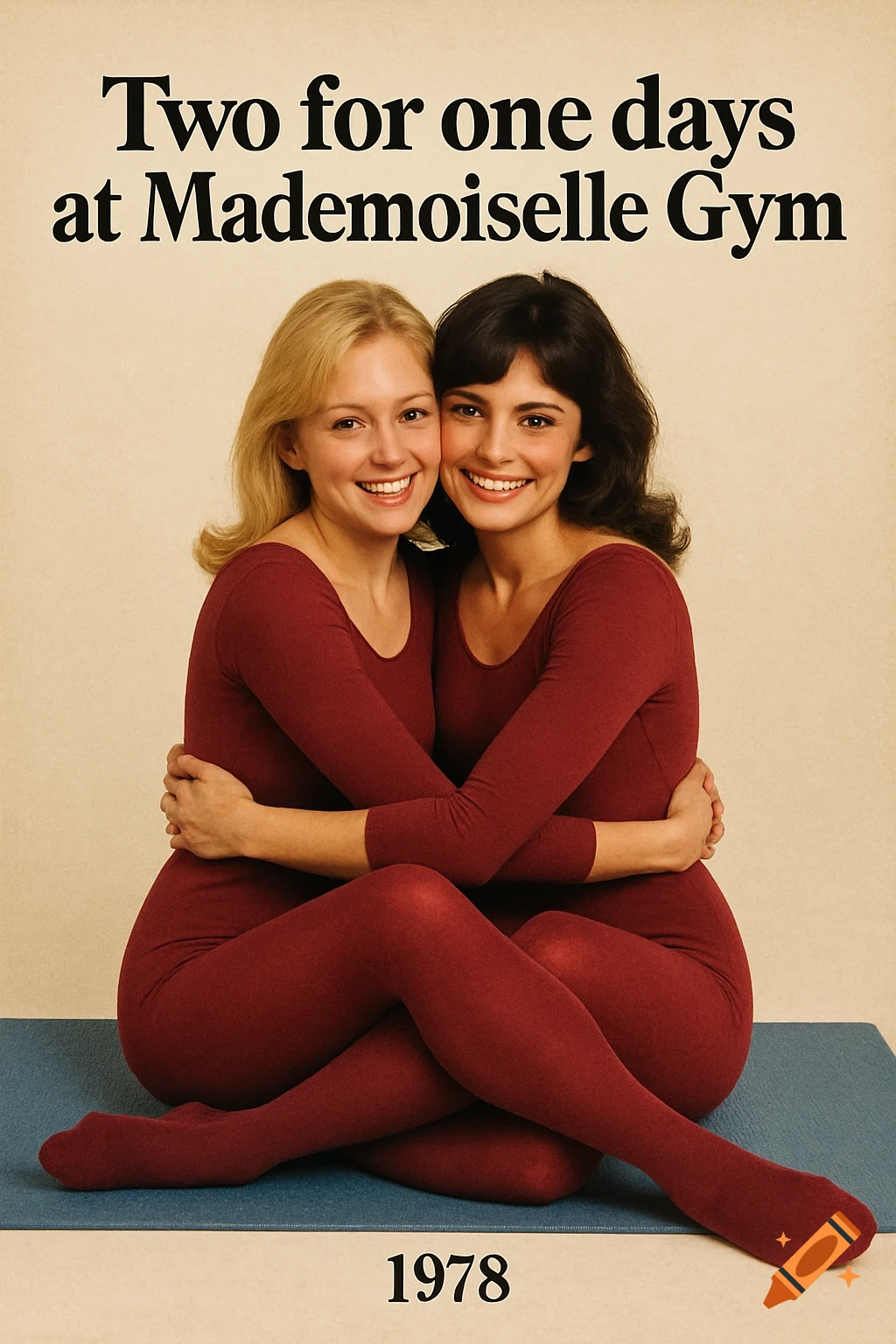 Vintage photo ad of two women in matching burgundy gym suits sitting & hugging. Text says 'Two for one days at Mademoiselle Gym 1978'.